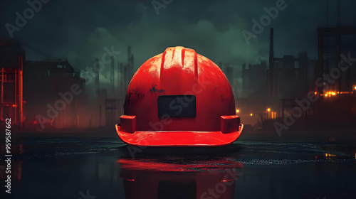 A red hard hat placed in an...