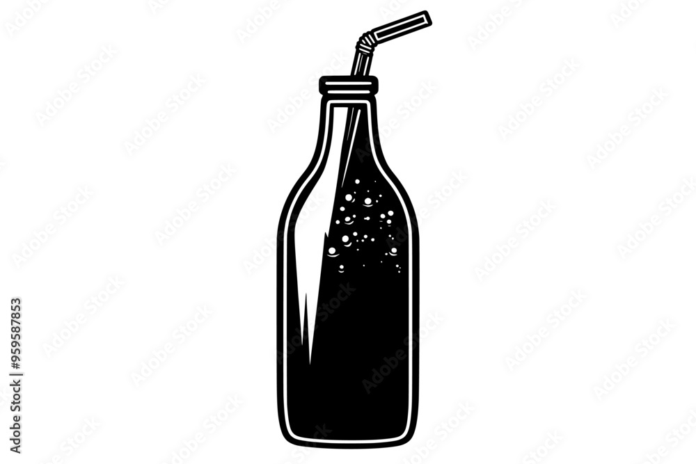 Bottle of soft drink with a straw, filled with liquid and condensation on the surface, vector illustration art Bottle of soft drink with a straw, filled with liquid and condensation on the surface, vector illustration art