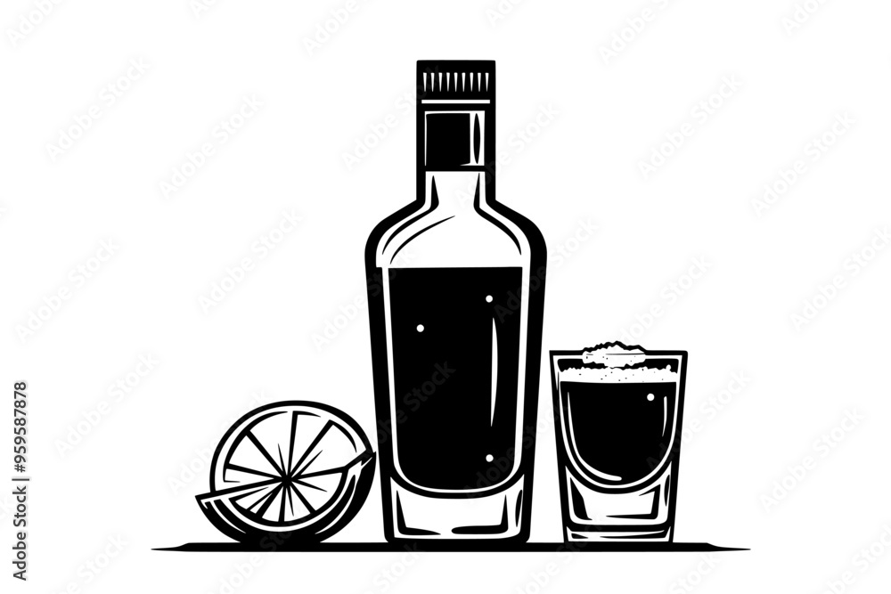 Bottle of tequila with filled shot glass and lime wedge on rim, vector illustration art Bottle of tequila with filled shot glass and lime wedge on rim, vector illustration art