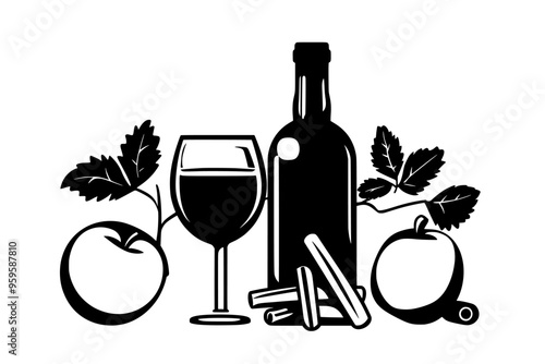 Bottle and glass of cider displayed with fresh apples and cinnamon sticks, vector illustration art