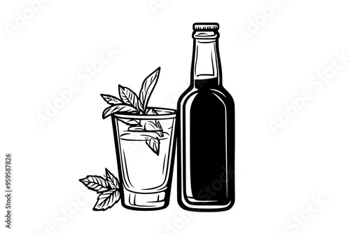 Bottle of flavored cider next to a glass with liquid and a berry skewer, vector illustration art