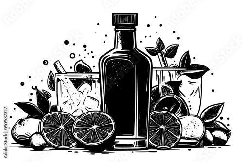 Gin bottle and filled glass with citrus slices, vector illustration art