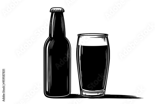 Bottle of non-alcoholic beer next to clear glass on plain surface, vector illustration art