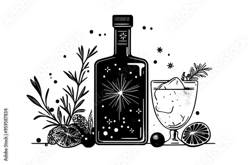 Gin bottle beside a filled glass with visible herbs and spices, vector illustration art