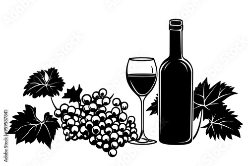 Bottle of red wine with a filled glass set near a cluster of grapes and leaves, vector illustration art