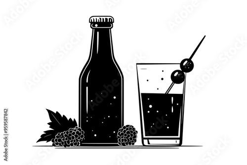 Bottle of flavored cider next to a glass with liquid and a berry skewer, vector illustration art