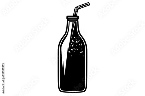 Bottle of soft drink with a straw, filled with liquid and condensation on the surface, vector illustration art