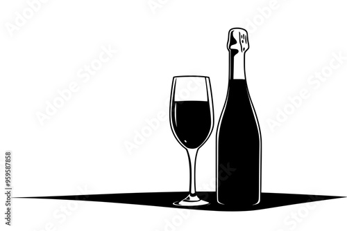 Bottle of sparkling wine with filled flute, visible bubbles, vector illustration art