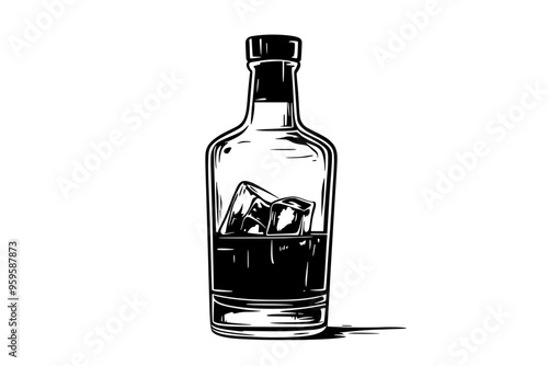 Whiskey bottle with filled tumbler glass containing ice cubes, vector illustration art