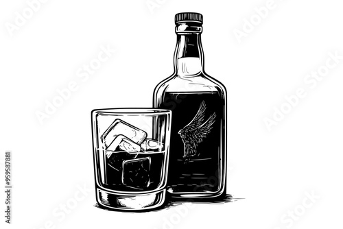 Whiskey bottle with filled tumbler glass containing ice cubes, vector illustration art
