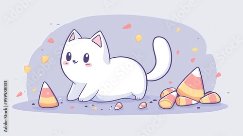 A cute white cat surrounded by colorful candy corns, bringing a playful and festive vibe to your designs. photo