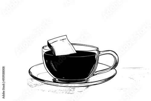 Chai tea bag steeping in a clear cup of hot water on a table, vector illustration art