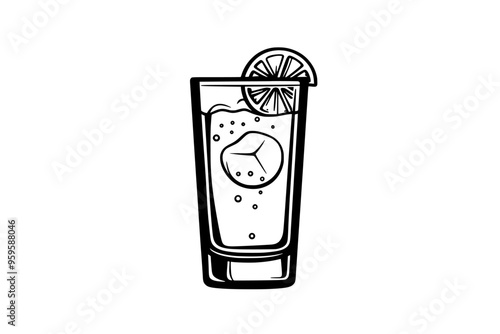 Clear glass of tonic water, with a lime wedge floating at the top, vector illustration art