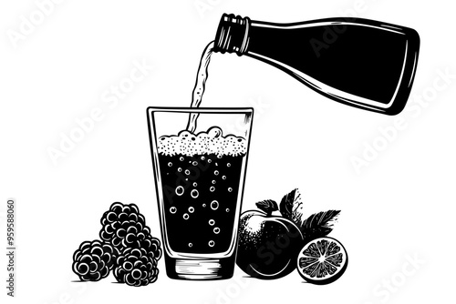 Close-up of carbonated liquid being poured into a glass from a bottle, with fruits nearby, vector illustration art