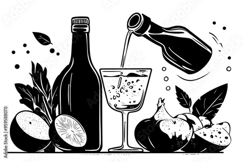 Close-up of liquid being poured from a bottle into a glass, with fruits nearby, vector illustration art