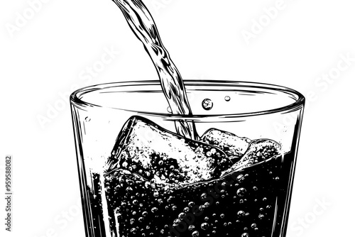 Close-up view of cola being poured into a glass, with visible carbonation bubbles, vector illustration art