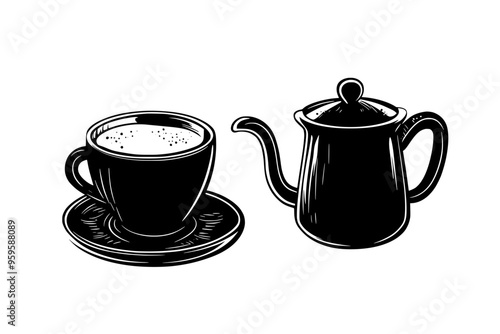 Coffee cup with frothy milk, placed beside a small pot of brewed coffee, vector illustration art