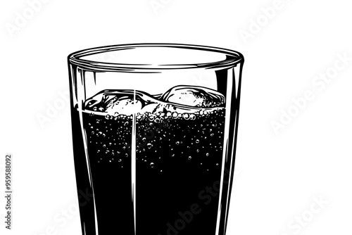 Cola-filled glass, with a light source highlighting the bubbles and liquid clarity, vector illustration art