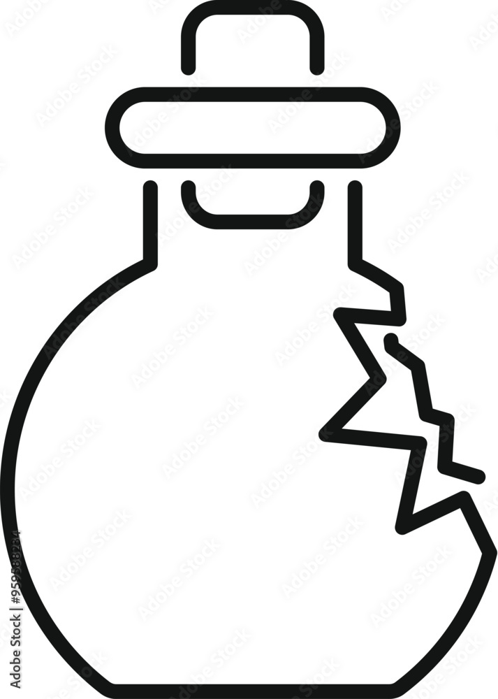 Line drawing of a broken glass bottle with a cork, showing a crack on its side Line drawing of a broken glass bottle with a cork, showing a crack on its side