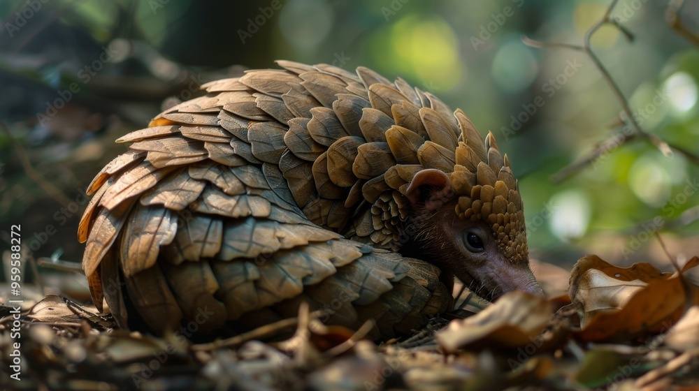 Pangolin Curled Up in Forest Leaves Pangolin Curled Up in Forest Leaves