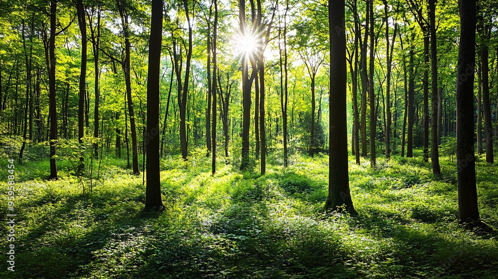 Fototapeta premium Sunbeams through the trees in a dense forest.