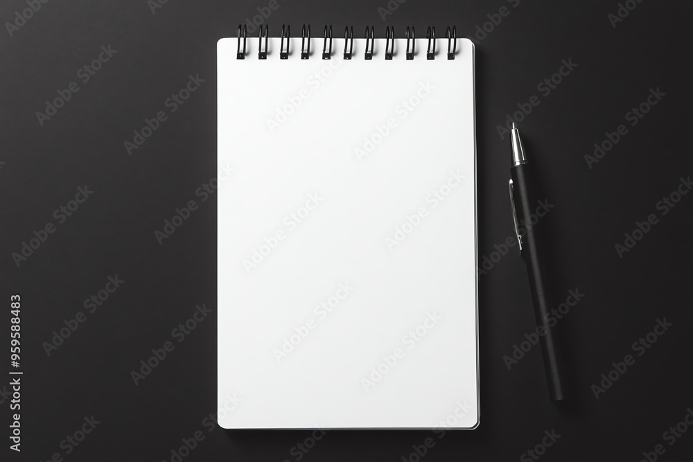 Blank Spiral Notebook and Pen on Black Background Blank Spiral Notebook and Pen on Black Background