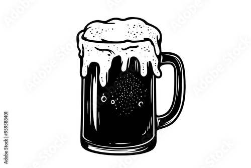 Frosty mug filled with root beer, topped with foam, and visible carbonation bubbles, vector illustration art