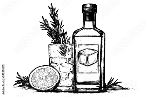 Gin bottle and filled glass beside a sprig of herbs on a flat surface, vector illustration art