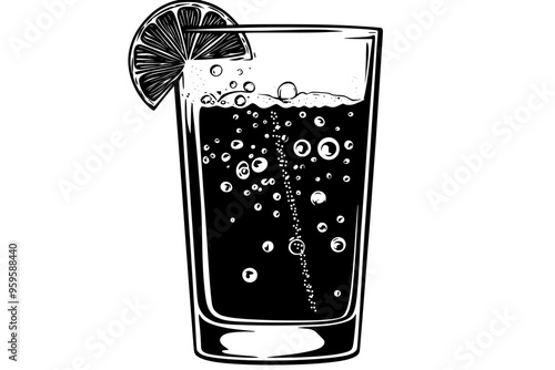 Glass container of sparkling water, displaying bubbles and a piece of lime floating, vector illustration art
