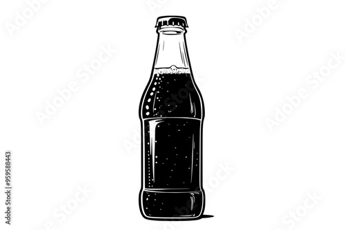 Glass bottle of craft cola, tightly capped, with visible carbonation bubbles, vector illustration art