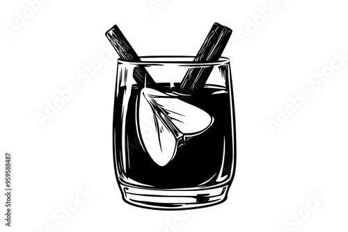 Glass of cider with a cinnamon stick and an apple wedge on the rim, vector illustration art