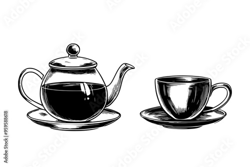 Glass teapot with brewed green tea beside a matching teacup, vector illustration art