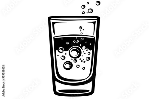 Glass of sparkling water, clear with effervescent bubbles rising continuously, vector illustration art