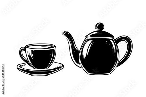 Glass teapot with brewed green tea beside a matching teacup, vector illustration art