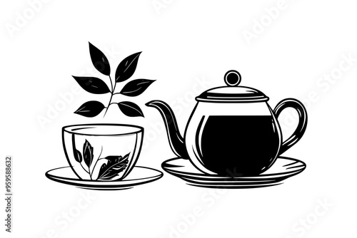 Glass teapot with brewed green tea beside a matching teacup, vector illustration art