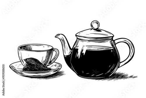 Glass teapot with brewed green tea beside a matching teacup, vector illustration art