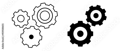 Gear cogwheel functions system pictogram vector icon simple graphic illustration set, config settings automation configuration sign symbol line outline stroke and solid tech cog wheel image clip art 
