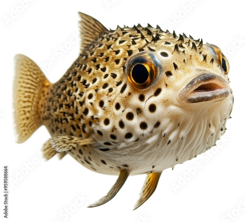 Pufferfish swimming gracefully up close, cut out - stock png.