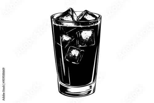 Highball glass filled with a dark, carbonated drink, with ice cubes floating, vector illustration art