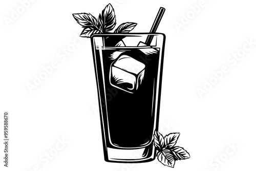 Highball glass with a beverage, ice cubes, and a sprig of mint, vector illustration art