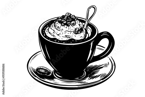 Hot chocolate with hazelnut syrup, topped with crushed hazelnuts and a small spoon, vector illustration art