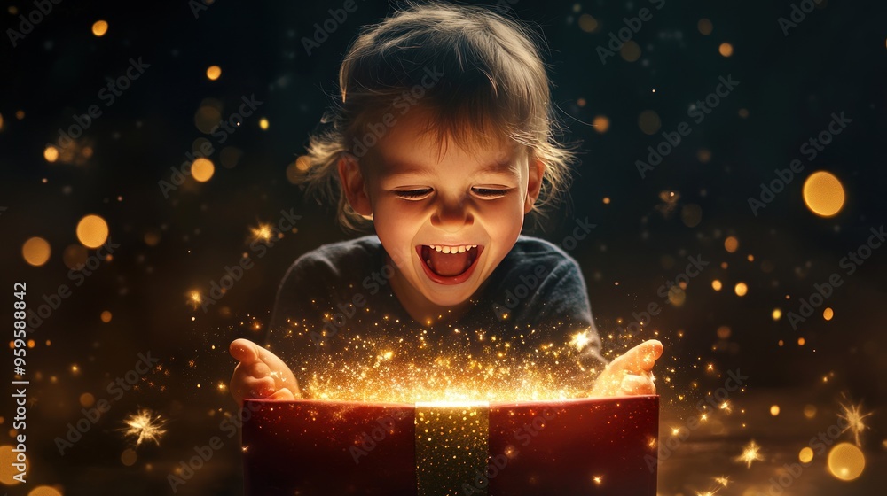 A child with wide eyes and a joyful expression is looking into a glowing gift box surrounded by magical sparkles and a warm golden light. A child with wide eyes and a joyful expression is looking into a glowing gift box surrounded by magical sparkles and a warm golden light.