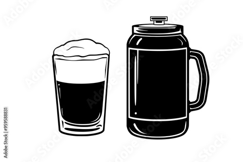 Nitro coffee keg beside a filled glass of foamy coffee, vector illustration art
