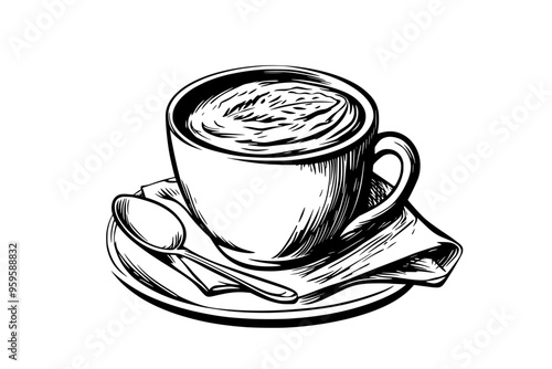 Mug of hot chocolate on a saucer with a spoon and a napkin beside it, vector illustration art