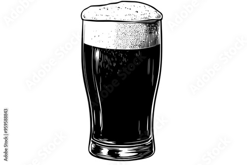Pint glass of dark stout beer topped with creamy foam, vector illustration art