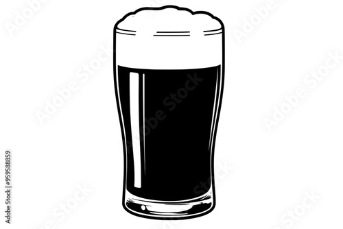 Pint glass of dark stout beer topped with creamy foam, vector illustration art