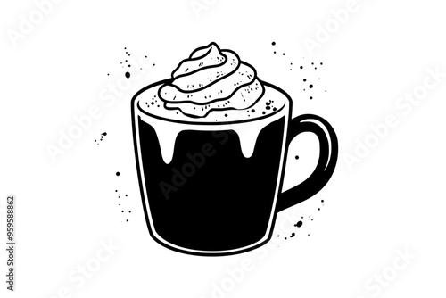 Mug filled with hot chocolate, topped with a swirl of whipped cream and dusted with cocoa powder, vector illustration art