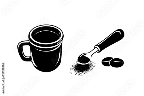 Portafilter with ground coffee beside an espresso shot in a small cup, vector illustration art