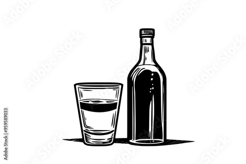 Filled shot glass next to an unopened vodka bottle, vector illustration art