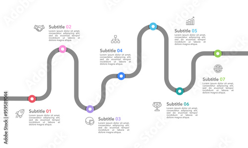 Business Timeline 7 Annual Business Milestones. Infographic roadmap design template. Business Presentation, Planning and Project. Vector Illustration.